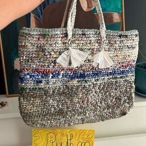 Hand crafted Woven Plastic Bag Eco-Friendly Multicolor Tote Bag 16" x 13"